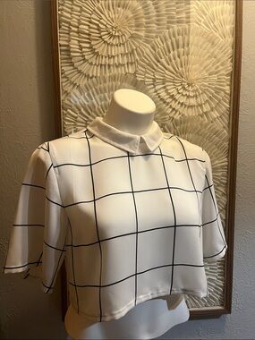 Gypsy Warrior White Grid Cropped Short-Sleeve Collared Top